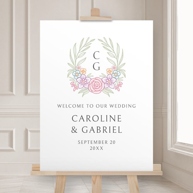 Wildflower Pastel Crest Monogram Wedding Welcome Foam Board (Creator Uploaded)