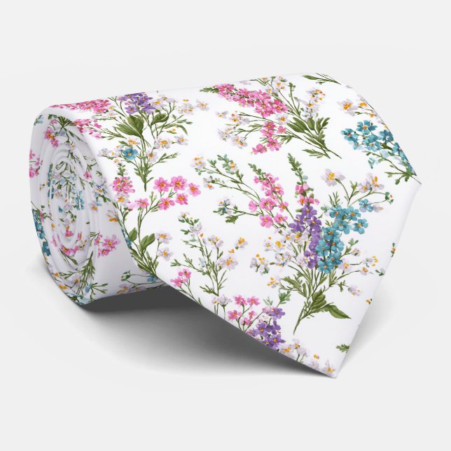 Wildflower Pastel Spring Floral Pattern  Neck Tie (Rolled)