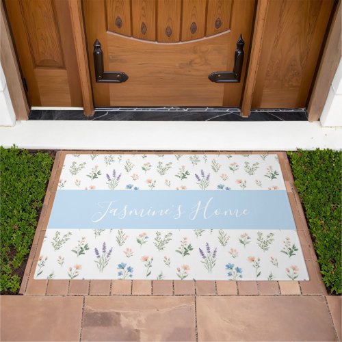 Wildflower Pattern Custom Monogram Name Blue  Doormat