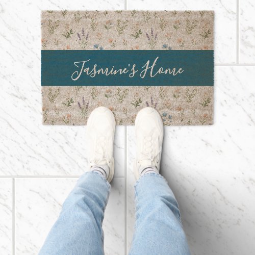 Wildflower Pattern Custom Monogram Name Blue  Fiber Doormat
