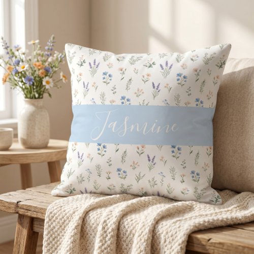 Wildflower Pattern Custom Monogram Name Blue  Throw Pillow
