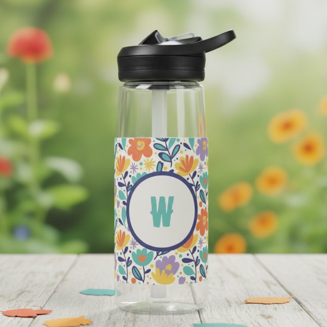 Wildflower pattern monogram water bottle (Colorful wildflower water bottle for students heading back to school)