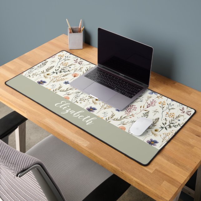 Wildflower Pattern Script Name Sage Green Desk Mat (Office 2)