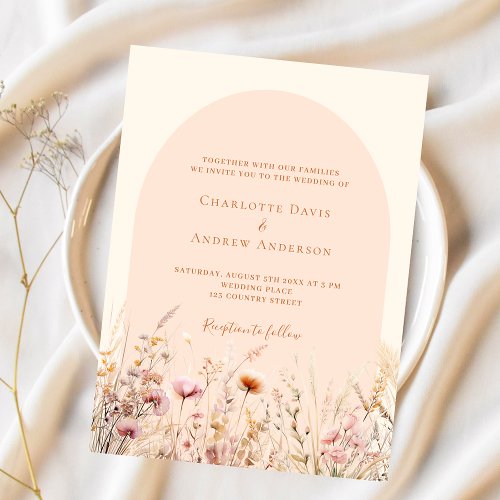 Wildflower peach arch budget wedding invitation