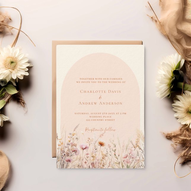 Wildflower peach beige arch QR RSVP luxury wedding Invitation (Creator Uploaded)