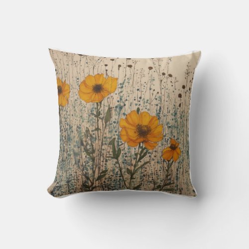 Wildflower Pen and ink drawing Polka dots textu Throw Pillow