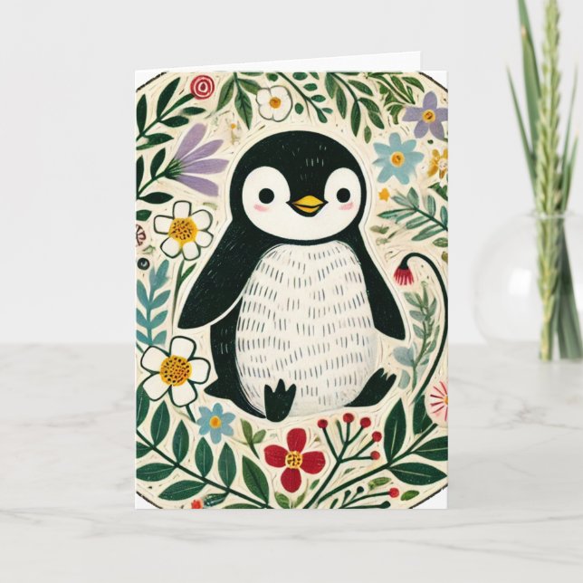Wildflower Penguin Lovers Illustration             Card (Front)