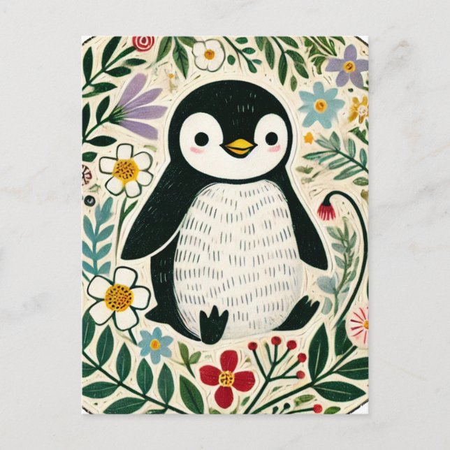 Wildflower Penguin Lovers Illustration             Postcard (Front)