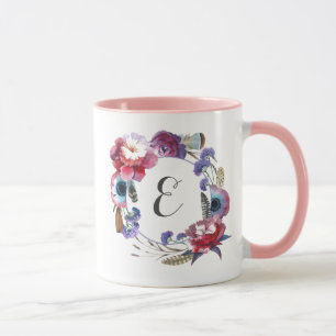 Wildflower Peony Floral with Feathers   Monogram Mug