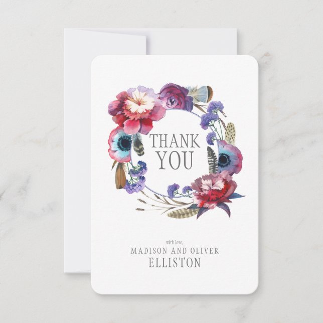 Wildflower Peony Floral with Feathers | Thank You Card (Front)