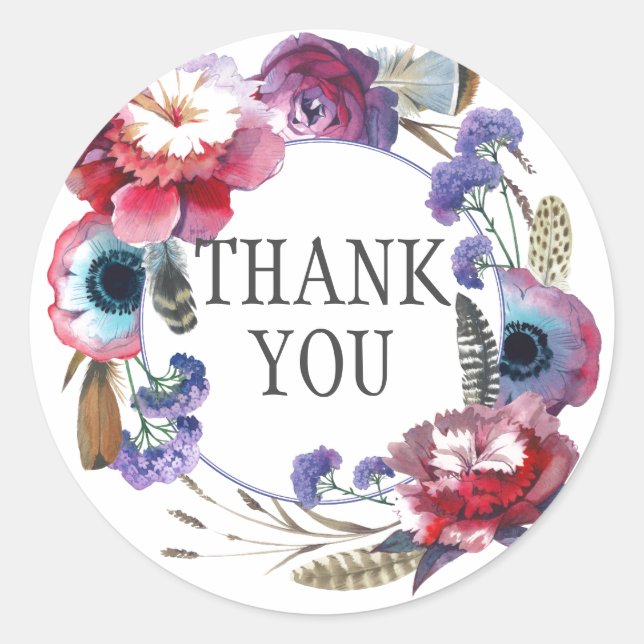 Wildflower Peony Floral with Feathers | Thank You Classic Round Sticker (Front)