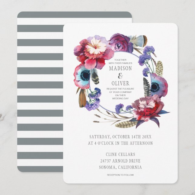 Wildflower Peony Floral with Feathers | Wedding Invitation (Front/Back)