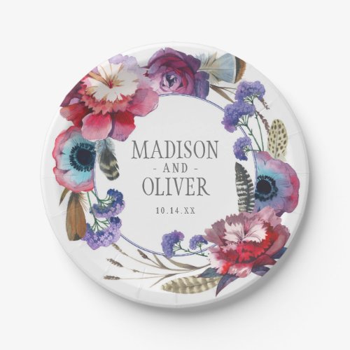 Wildflower Peony Floral with Feathers  Wedding Paper Plates
