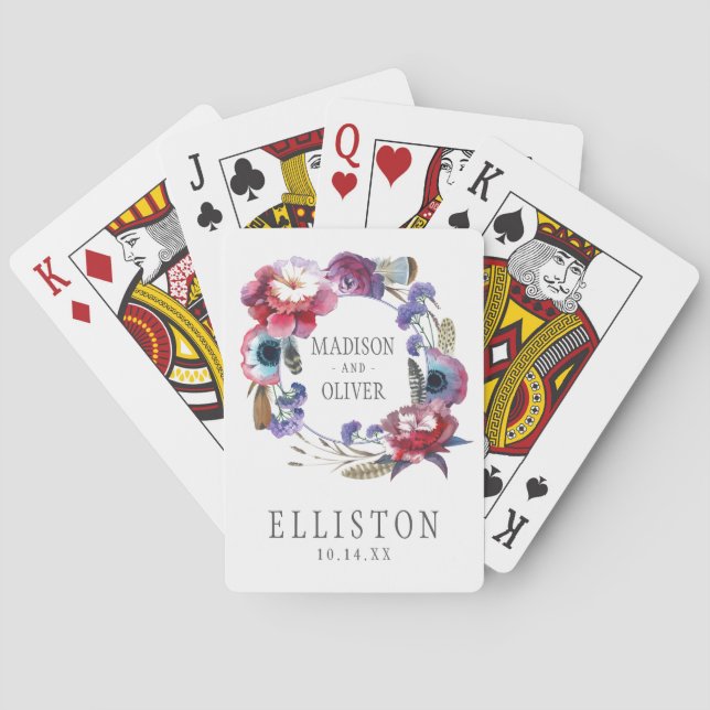 Wildflower Peony Floral with Feathers | Wedding Poker Cards (Back)