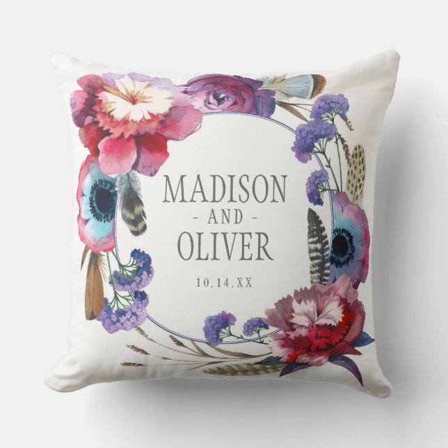 Wildflower Peony Floral with Feathers | Wedding Throw Pillow (Front)