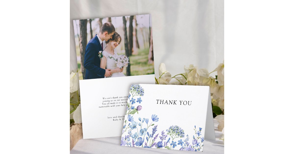 Wildflower Periwinkle Floral Wedding Photo Thank You Card | Zazzle