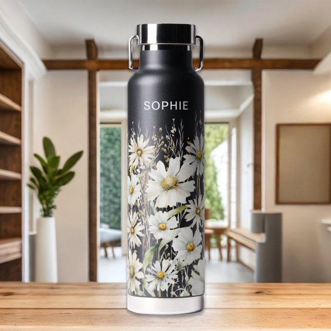 Wildflower Personalized Name Floral Black Water Bottle (Create your own custom name floral water bottle by MINTIC DESIGN STUDIO)