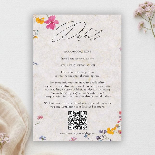 Wildflower Petal Elegant QR Code Wedding Details Enclosure Card (wildflower wedding details qr watercolor garden backyard barn summer spring elegant pink blush)
