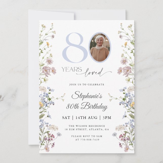 Wildflower Photo 80th Birthday Invitation (Front)