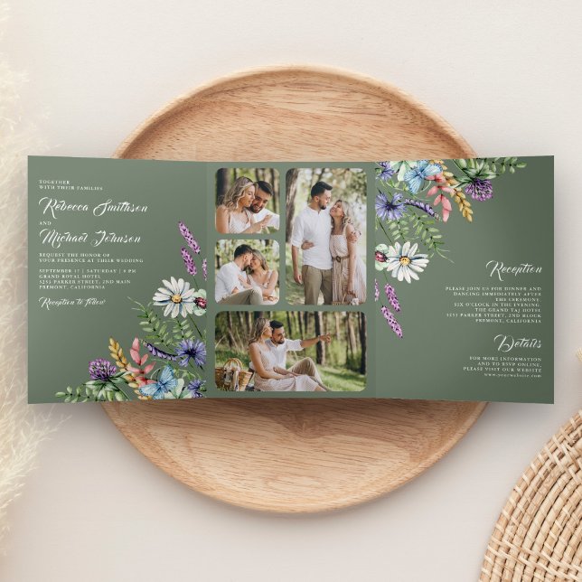 Wildflower Photo All in One Sage Green Wedding Tri-Fold Invitation (Creator Uploaded)