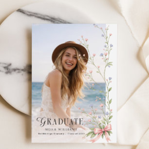 Wildflower Photo Pink Bow Graduation Invitation Postcard