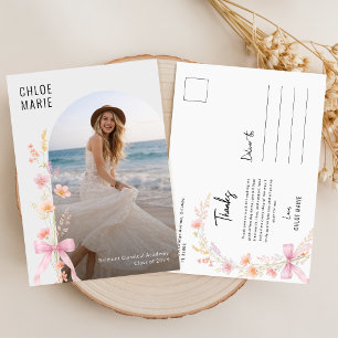 Wildflower Photo Pink Bow Graduation Thank You Postcard