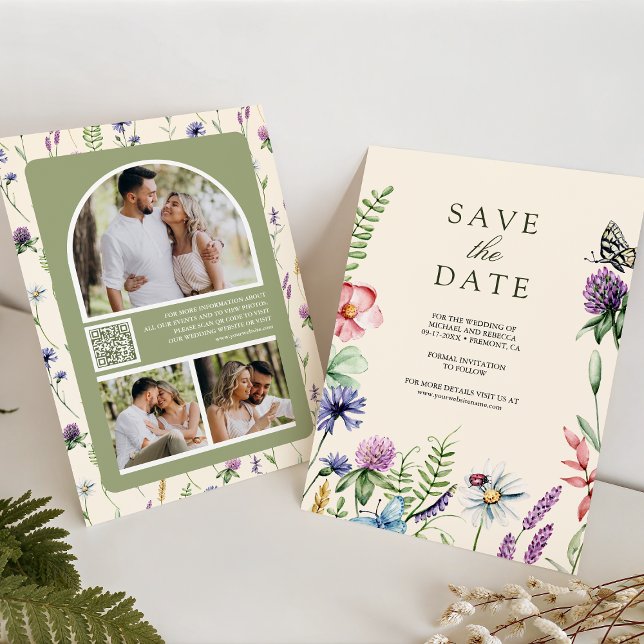 Wildflower Photo QR Code Cream Wedding Save The Date (Creator Uploaded)