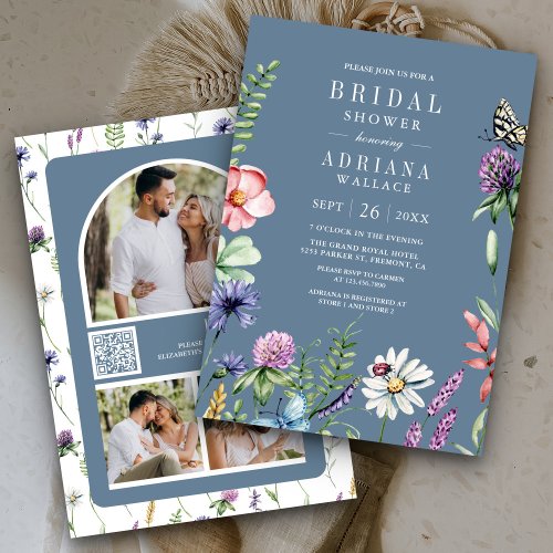 Wildflower Photo QR Code Dusty Blue Bridal Shower Invitation