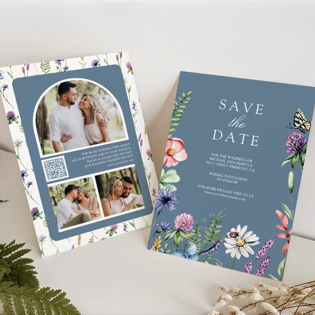 Wildflower Photo QR Code Dusty Blue Wedding Save The Date (Creator Uploaded)