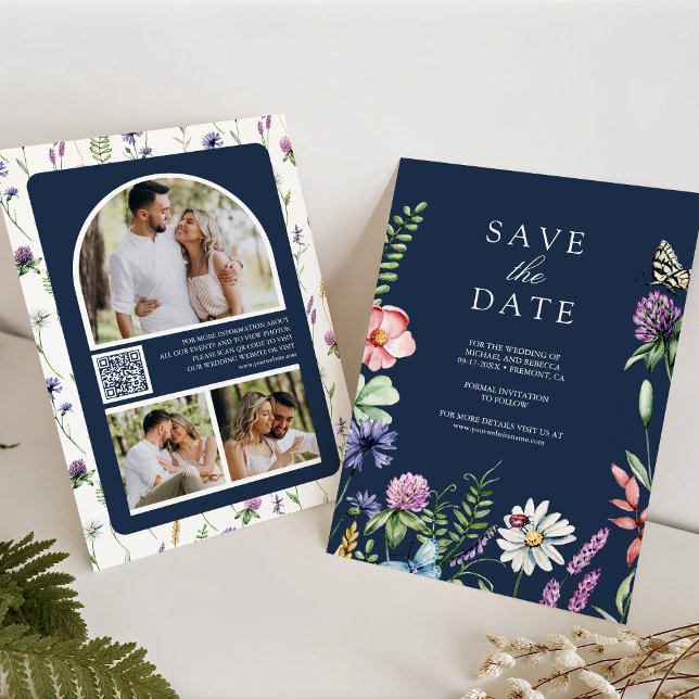 Wildflower Photo QR Code Navy Blue Wedding Save The Date (Creator Uploaded)