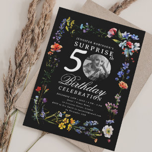 Wildflower Photo SURPRISE 50th Birthday Black Invitation