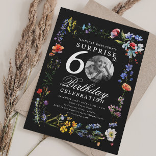 Wildflower Photo SURPRISE 60th Birthday Black Invitation