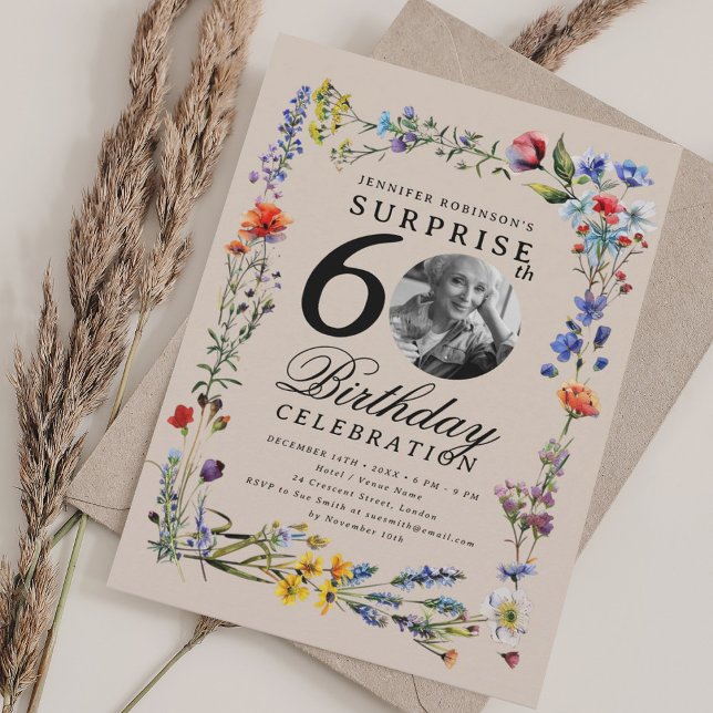 Wildflower Photo SURPRISE 60th Birthday Champagne  Invitation (Wildflower Photo SURPRISE 60th Birthday Champagne Invitation)