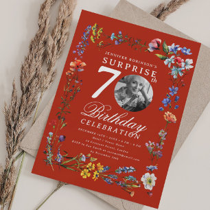 Wildflower Photo SURPRISE 70th Birthday Red Invitation