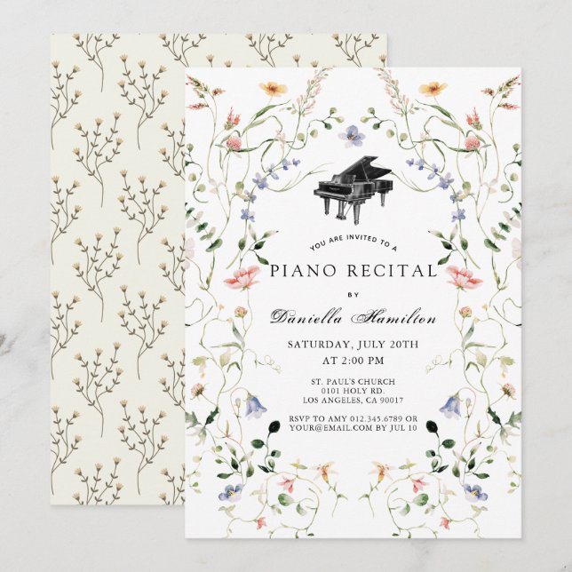 Wildflower Piano White Recital Invitation (Front/Back)