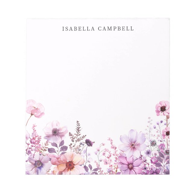 Wildflower Pink and Purple Watercolor Custom Name Notepad (Front)