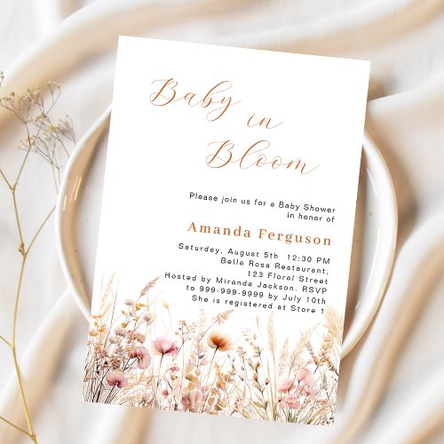 Wildflower pink beige bloom Baby Shower Invitation