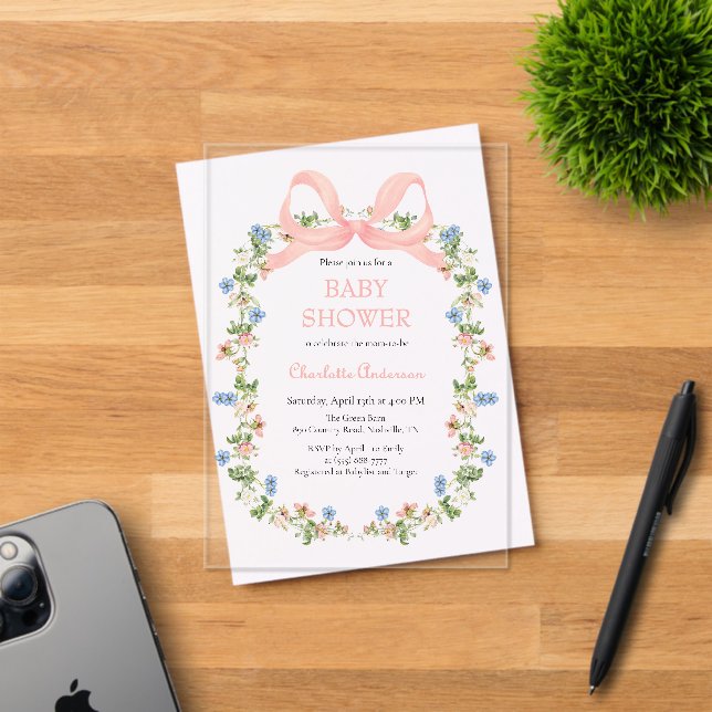 Wildflower Pink Bow Baby Shower Acrylic Invitations (Insitu (Invitation Card))