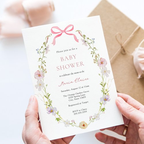 Wildflower Pink Bow Baby Shower Invitation