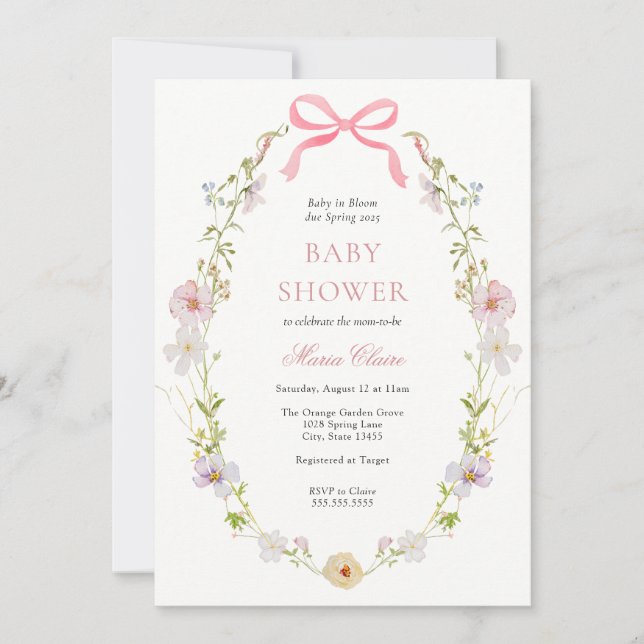 Wildflower Pink Bow Baby Shower Invitation (Front)
