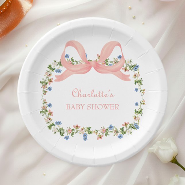Wildflower Pink Bow Baby Shower Paper Plates (Creator Uploaded)
