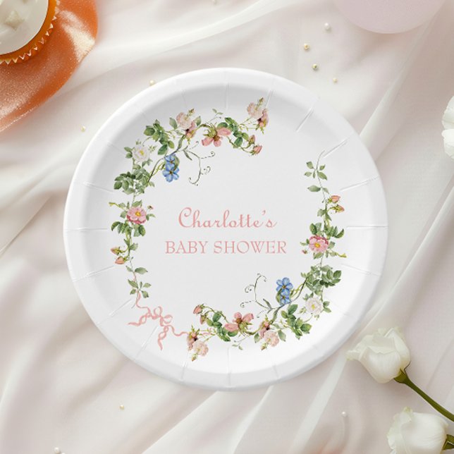 Wildflower Pink Bow Baby Shower Paper Plates (Creator Uploaded)