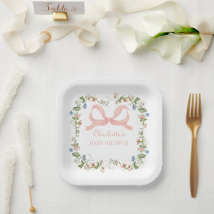 Wildflower Pink Bow Baby Shower Paper Plates