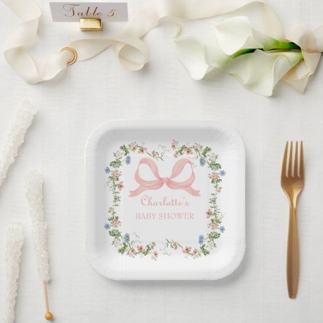 Wildflower Pink Bow Baby Shower Paper Plates (Wedding)