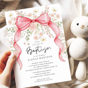 Wildflower Pink Bow Baptism Invitation