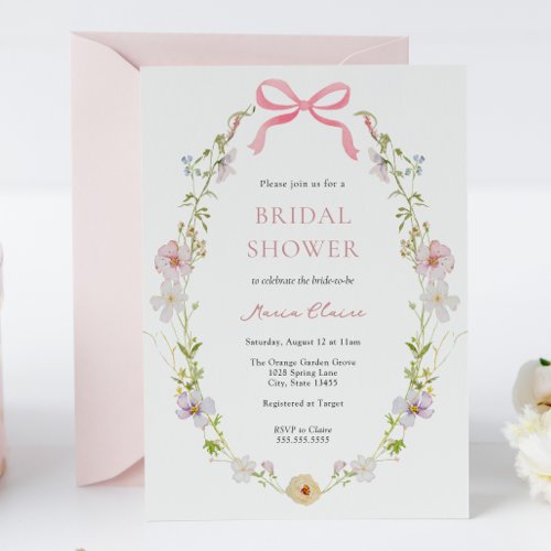 Wildflower Pink Bow Bridal Shower Invitation