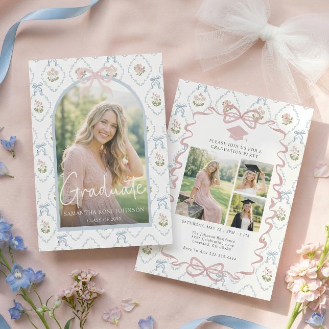 Wildflower Pink Bow Four Photo Graduation Invitation (Creator Uploaded)