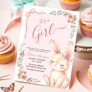 Wildflower Pink Bow Gingham Girl Baby Shower Invitation