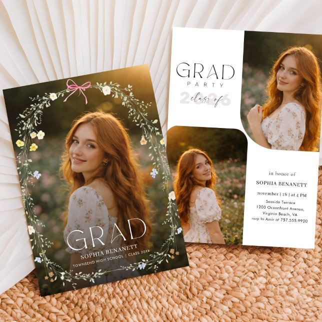 Wildflower Pink Bow Grad Party Photo Invitation (Creator Uploaded)