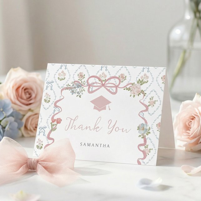 Wildflower Pink Bow Graduation Letterpress Thank You Card (Creator Uploaded)